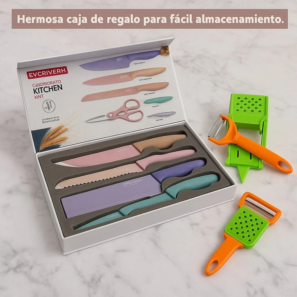 Pelador multifuncional 2-en-1 + Juego De 6 Cuchillos De Cocina Profesionales